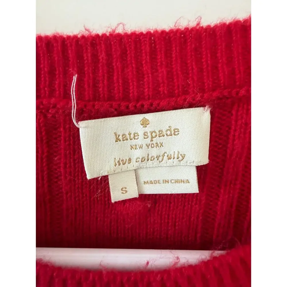 Kate Spade Pom Pom Ruffle Holiday Wool Blend Sweater Red Small